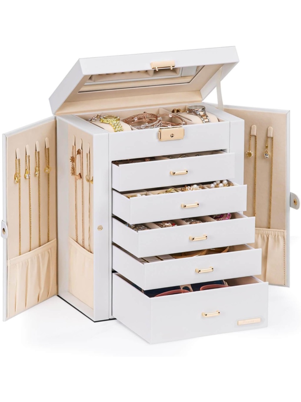 Large White Jewelry Box Organizer 6 Layers 5 Drawers Lockable with Mirror NWT